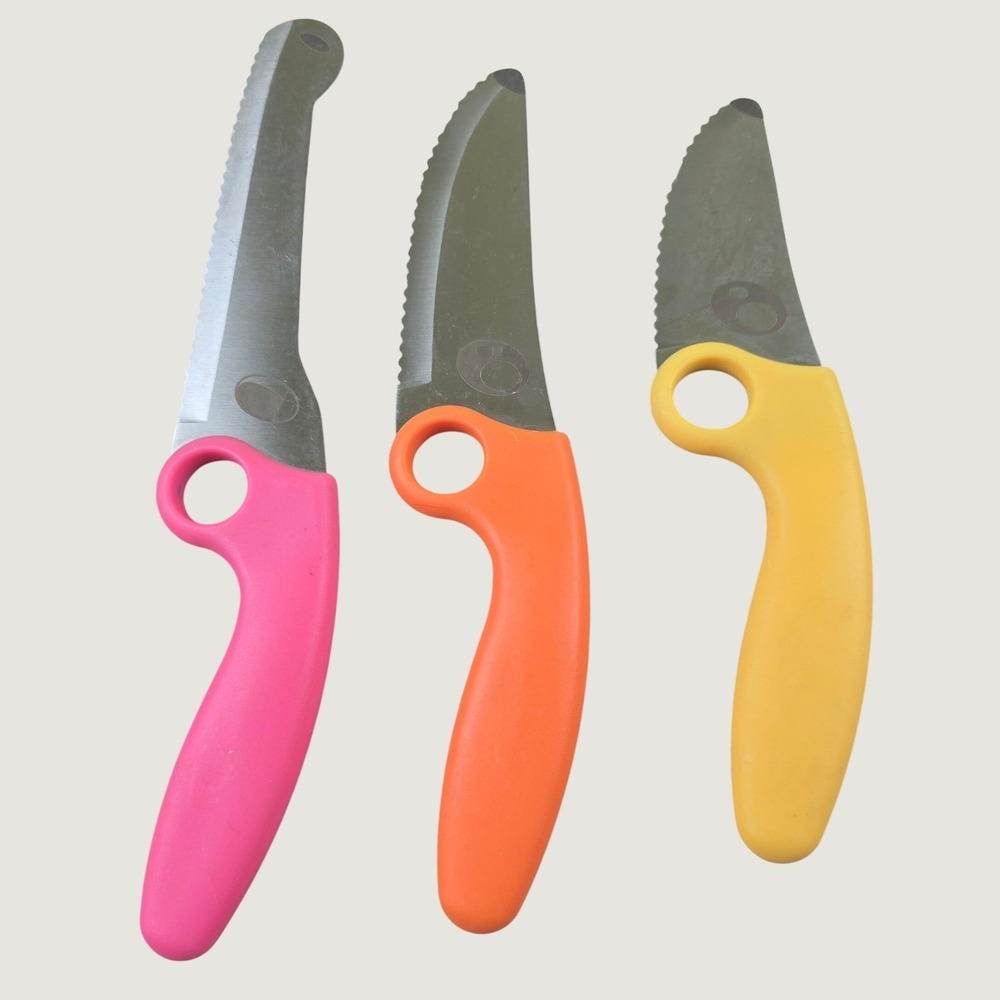 Kids Kitchen Knife Set 3 Pc Safety Cooking Knives Pink Orange Yellow Finger Ring